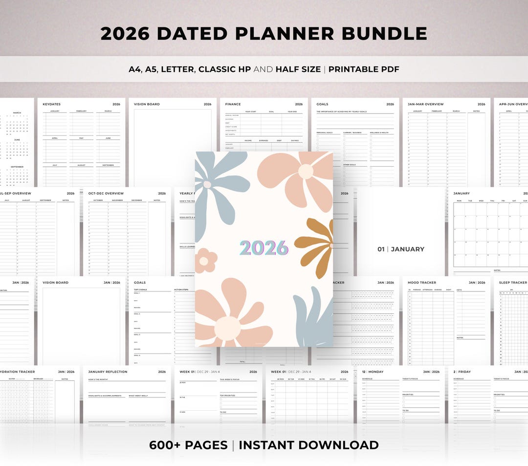 2026 Dated Planner Printable, Daily Weekly Monthly Pages, Year at a ...