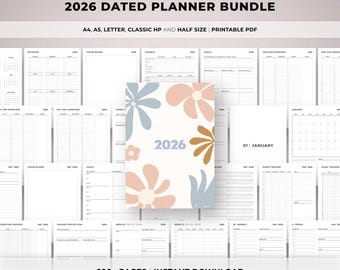 2026 Dated Planner Printable, Daily Weekly Monthly Pages, Year at a Glance, Goal Planner, Finance & budget, Mood Tracker, Vision Board A5