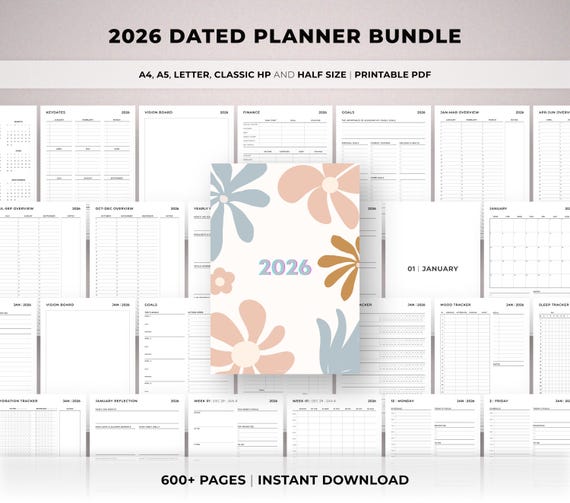 2026 Dated Planner Printable, Daily Weekly Monthly Pages, Year at a Glance, Goal Planner, Finance & budget, Mood Tracker, Vision Board A5
