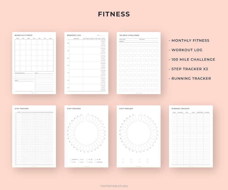 Puede incluir: Una colecci&oacute;n de planificadores de fitness imprimibles sobre un fondo rosa claro. Los planificadores incluyen un calendario de fitness mensual, un registro de entrenamiento, un rastreador de desaf&iacute;o de 100 millas, un rastreador de pasos y un rastreador de carrera. La palabra "Fitness" est&aacute; en la parte superior.