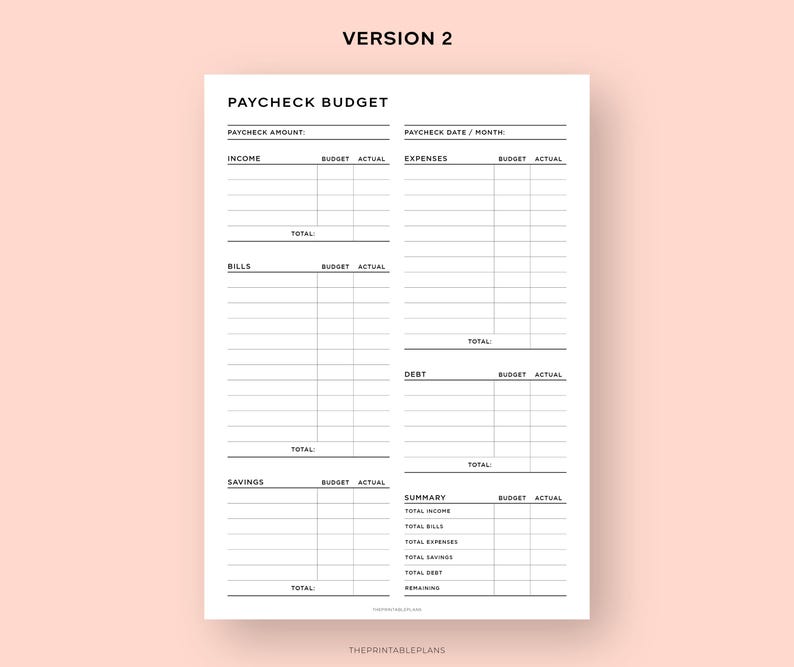 May include: A printable budget planner with sections for income, expenses, bills, debt, savings, and a summary. The planner is designed to help people track their finances and stay on budget.