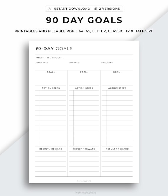 Quarterly Goal Planner Printable, 90-Day Goal Planner, Goal Setting Plan, 3 Month Planner, Productivity Planner, A4/A5/Letter/Classic/Half
