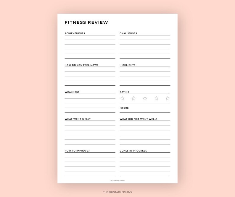 Fitness Review Printable, Fitness Reflection Printable, Health Tracker ...