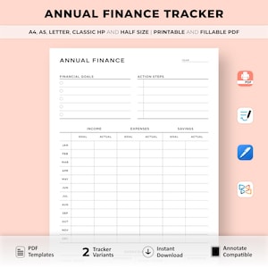 May include: Printable annual finance tracker PDF template with sections for financial goals, action steps, income, expenses, and savings. The template includes a table to track monthly goals and actuals for each category.