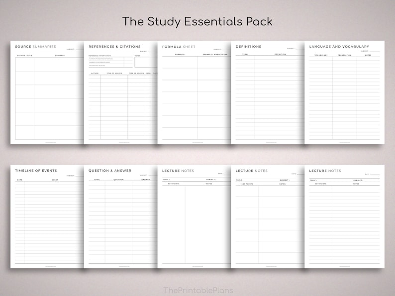 May include: A printable study essentials pack with 10 different templates for note-taking, outlining, and organizing information. The templates include source summaries, references and citations, formula sheet, definitions, language and vocabulary, timeline of events, question and answer, and lecture notes.