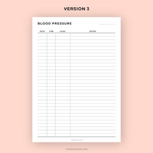 May include: A printable blood pressure log with columns for date, time, level, and notes. The printable log is designed to help track blood pressure readings.