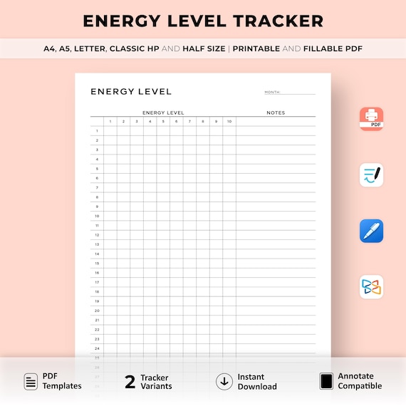 Daily Energy Level Tracker Printable, Monthly Energy Level Tracker, Energy Log, Health Template, A4/A5/Classic/Letter/Half, Goodnotes PDF