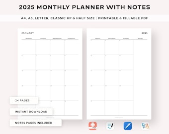 2025 Monthly Planner Printable, Dated Month on 2 Pages, 2025 Calendar, Month at a Glance, Productivity Planner, Monthly Organizer, A5 Insert