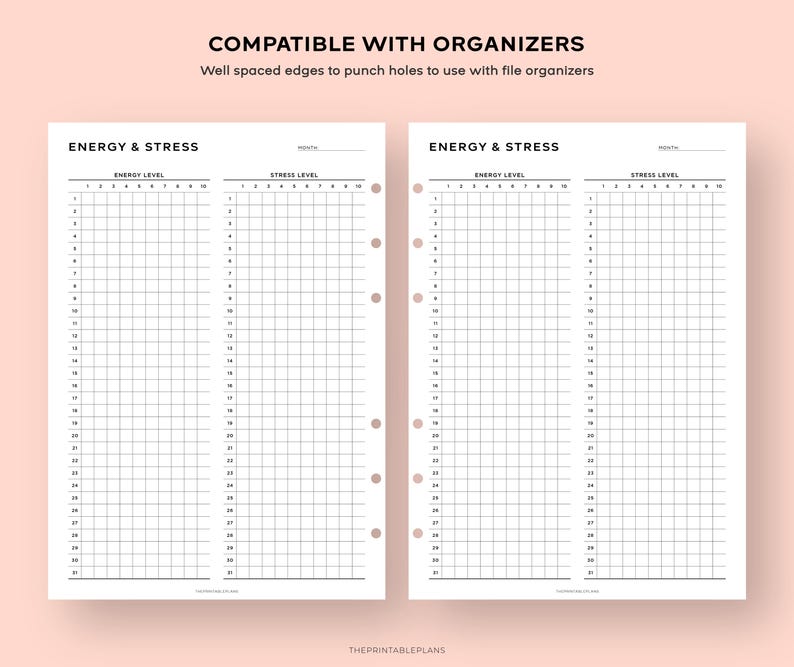 May include: Two black and white printable pages for tracking energy and stress levels. Each page has a grid with numbers 1-31 for days of the month and a scale of 1-10 for energy and stress levels. The pages are compatible with organisers and have holes punched along the side.