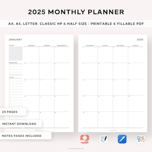 Planificador mensual 2025 en dos páginas, calendario 2025 con fecha, organizador mensual, agenda mensual, resumen del mes, PDF imprimible, tamaño A4/A5/carta