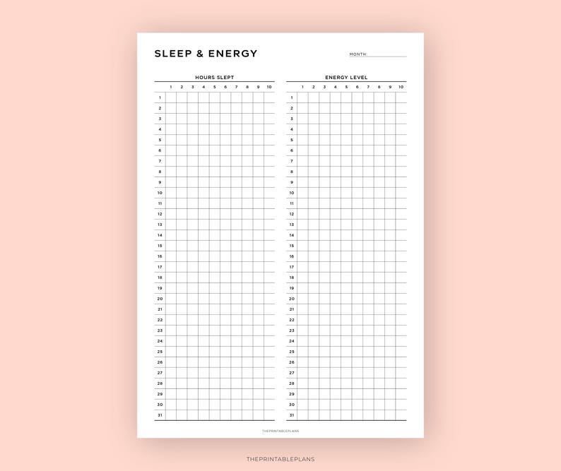 May include: Black and white printable tracker for tracking sleep hours and energy levels. The tracker has a grid with numbers 1 to 31 for days of the month and numbers 1 to 10 for hours slept and energy levels.