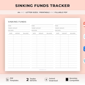 May include: Printable sinking funds tracker with three columns for tracking different funds. Each column has fields for fund name, target amount, due date, date, amount, and balance. The tracker is available in A4 and letter sizes.