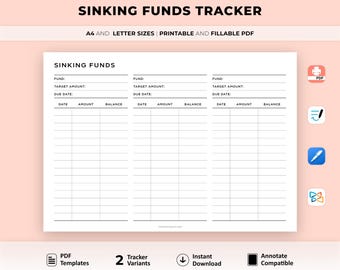 May include: Printable sinking funds tracker with three columns for tracking different funds. Each column has fields for fund name, target amount, due date, date, amount, and balance. The tracker is available in A4 and letter sizes.