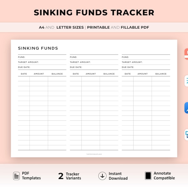 Sinking Funds Tracker Landscape, Savings Tracker Printable, Savings Challenge, Budget Planner, A4/Letter, Instant Download Pdf