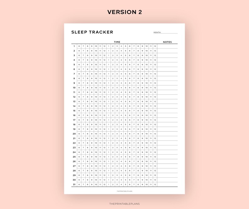 Puede incluir: Un imprimible blanco de seguimiento del sue&ntilde;o con un fondo rosa. El documento tiene una cuadr&iacute;cula para rastrear los patrones de sue&ntilde;o, con columnas para la hora y las notas. El t&iacute;tulo "SLEEP TRACKER" est&aacute; en la parte superior. El documento est&aacute; etiquetado como "VERSION 2" en la parte superior.