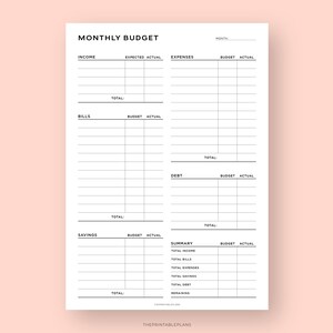 May include: A printable monthly budget planner with sections for income, expenses, bills, debt, savings, and a summary. The planner has a black and white design with a simple grid layout.