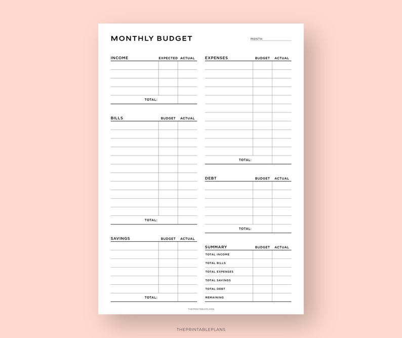 May include: A printable monthly budget planner with sections for income, expenses, bills, debt, savings, and a summary. The planner has a black and white design with a simple grid layout.