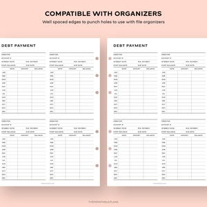 May include: Printable debt payment tracker with four sections for recording creditor information, interest rate, start balance, minimum payment, due date, amount, and balance. Each section has a monthly calendar from January to December.