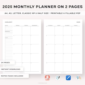 2025 Monthly Goal Planner, 2025 To Do List, Dated Month on 2 Pages, 2025 Calendar, Month at a Glance, Monthly Agenda, Printable & Fillable