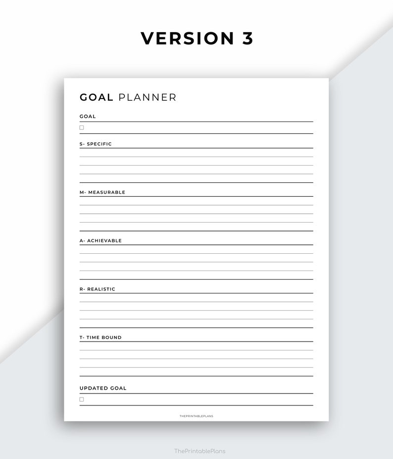 Puede incluir: Un planificador de objetivos imprimible en blanco y negro con el texto "GOAL PLANNER" y "VERSION 3" en la parte superior. El planificador incluye secciones para objetivo, espec&iacute;fico, medible, alcanzable, realista, limitado en el tiempo y objetivo actualizado.