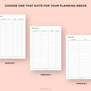 May include: Three different versions of a printable gift list. Each version has a header that says "Gift List" and columns for recipient, gift, store, price, and notes. The first version has additional columns for occasion, item, and date.