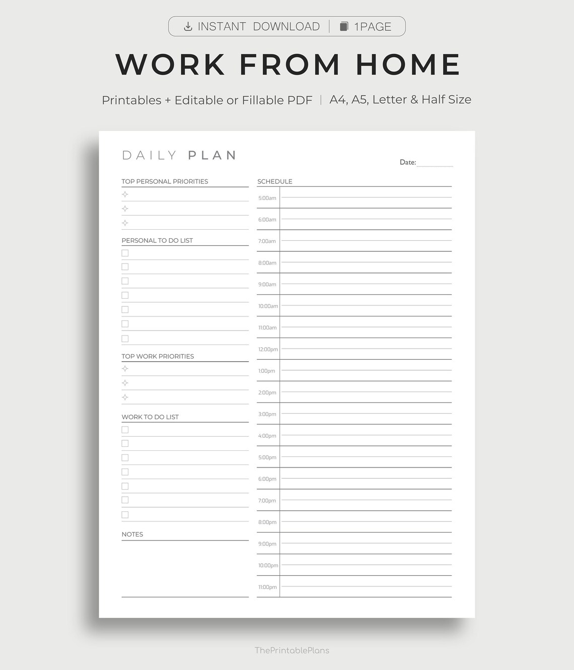 Printable Work From Home Planner Personal Daily Planner Etsy