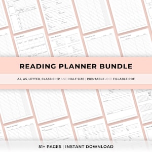 May include: A collection of white printable reading planner pages, including book wishlists, book trackers, and quote pages. The text "READING PLANNER BUNDLE" is displayed on a pink banner. The planner is available in A4, A5, Letter, Classic HP, and Half Size formats.