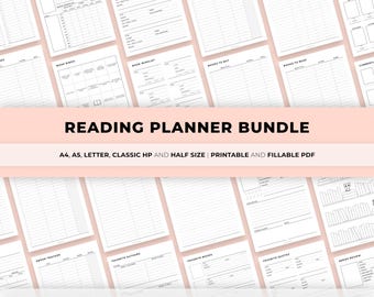 May include: A collection of white printable reading planner pages, including book wishlists, book trackers, and quote pages. The text "READING PLANNER BUNDLE" is displayed on a pink banner. The planner is available in A4, A5, Letter, Classic HP, and Half Size formats.