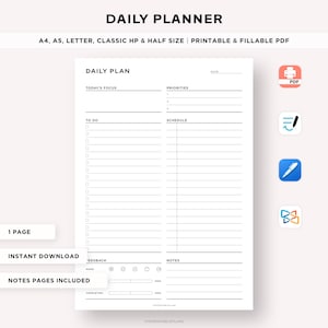 Simple Daily Planner Printable, Daily Schedule, Daily Productivity Planner, Personal planner Daily Agenda, A4/A5/Letter/Classic HP/Half Size