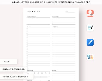Simple Daily Planner Printable, Daily Schedule, Daily Productivity Planner, Personal planner Daily Agenda, A4/A5/Letter/Classic HP/Half Size