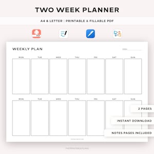 Planificador sencillo de dos semanas para imprimir, calendario semanal, organizador de horarios semanales, lista de tareas semanales, agenda semanal, resumen de la semana, tamaño A4/carta