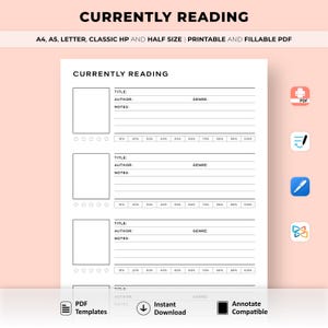 Agenda simple en cours de lecture, journal de lecture, agenda de lecture, liste de lectures imprimable, suivi de livres, A4/A5/Letter/Classic HP/demi-format
