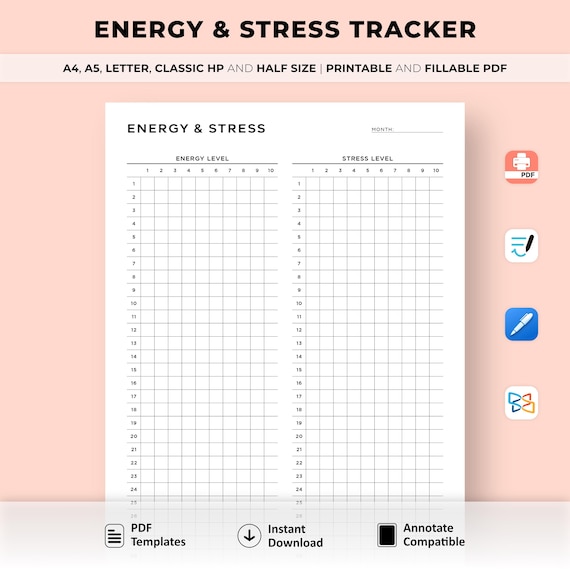 Energy and Stress Tracker Printable, Energy Level Tracker, Stress Tracker, Mental Health Care,  A4/A5/Letter/Classic HP/Half Size, Fillable
