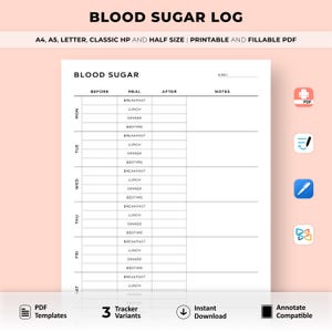Registro de azúcar en sangre imprimible, diario de glucosa en sangre, control de diabetes gestacional, planificador de diabetes, seguimiento de diabetes, seguimiento de salud
