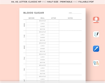Blood Sugar Log Printable, Diabetes Tracker (PDF)