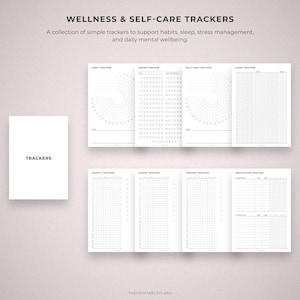 May include: A collection of wellness and self-care trackers. The image shows a white notepad with the word "TRACKERS" and several open booklets with habit, water, self-care, sleep, anxiety, stress, trigger, and medication trackers. The text reads "WELLNESS & SELF-CARE TRACKERS."