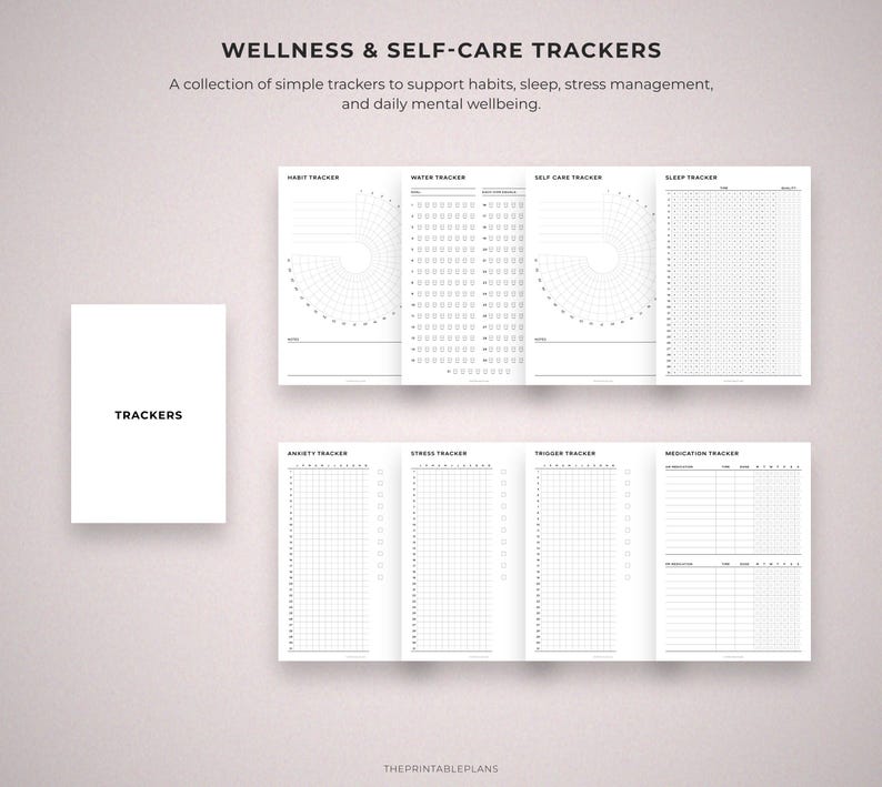May include: A collection of wellness and self-care trackers. The image shows a white notepad with the word "TRACKERS" and several open booklets with habit, water, self-care, sleep, anxiety, stress, trigger, and medication trackers. The text reads "WELLNESS & SELF-CARE TRACKERS."