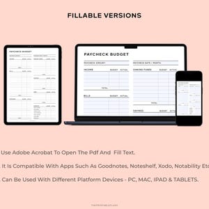 May include: A digital image showing three different versions of a printable budget planner. The planner is titled "Paycheck Budget" and includes sections for income, bills, sinking funds, and savings. The image shows the planner on a laptop, tablet, and smartphone.