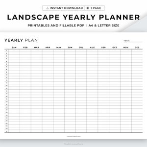 Planificador anual imprimible horizontal, año de un vistazo, calendario anual, plantilla de calendario, A4/Carta, imprimible y rellenable, descarga instantánea