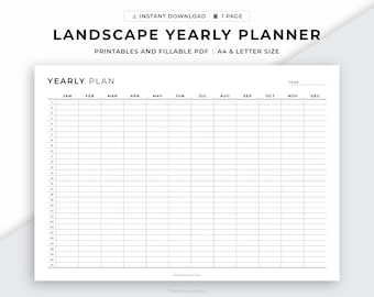 Landscape Printable Yearly Planner, Year at a Glance, Yearly Schedule, Calendar Template, A4/Letter, Printable & Fillable, Instant Download