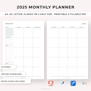 2025 Monthly Planner On Two Pages, 2025 Dated Calendar, Monthly Organizer, Monthly Agenda, Month At a Glance, Printable & Fillable PDF