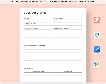 Doctor Visits Planner Printable, Doctor Appointment Log, Health Record List Worksheet, Symptom Log, Wellness Journal, A4/A5/Letter/HP/Half