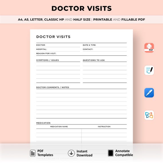 Doctor Visits Planner Printable, Doctor Appointment Log, Health Record List Worksheet, Symptom Log, Wellness Journal, A4/A5/Letter/HP/Half