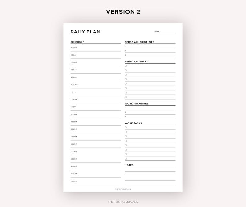 May include: A black and white printable daily planner with sections for schedule, personal priorities, personal tasks, work priorities, work tasks, and notes. The planner has a simple design and is perfect for organizing your day.