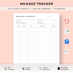 May include: Printable mileage tracker template in black and white. The template has fields for date, from, to, purpose, and miles. It also has fields for driver, vehicle, miles this month, and miles total.