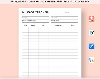 May include: Printable mileage tracker template in black and white. The template has fields for date, from, to, purpose, and miles. It also has fields for driver, vehicle, miles this month, and miles total.