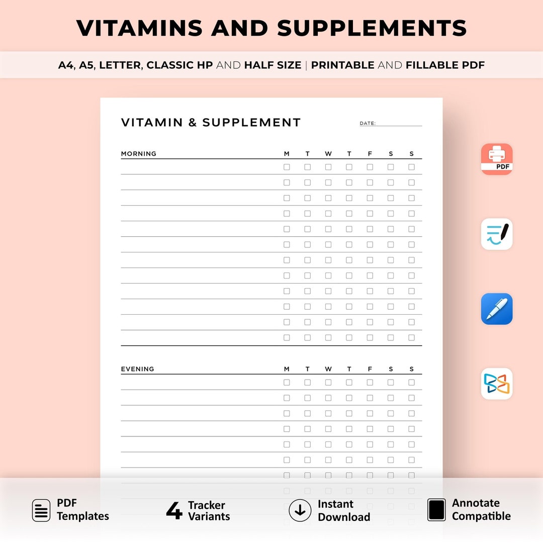 Daily Vitamin Tracker Printable, Supplement Checklist, Vitamin İntake