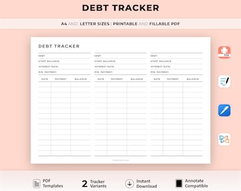 Debt Tracker Printable Landscape, Debt Payoff Log, Debt Overview, Debt Payments, Budget Planner, A4/Letter, Instant Download PDF