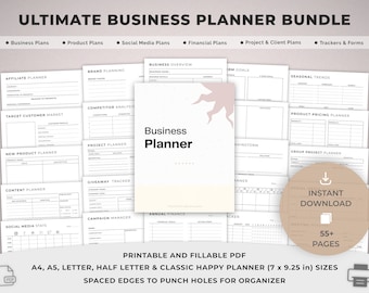 Printable Business Planner Bundle, Small Business, Product and Social media Templates, Finance, Client, Project, Affiliate, Trackers.