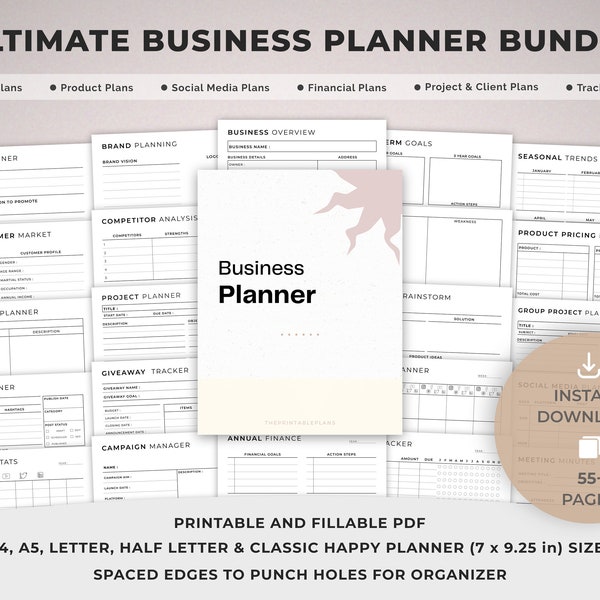 Printable Business Planner Bundle, Small Business, Product and Social media Templates, Finance, Client, Project, Affiliate, Trackers.